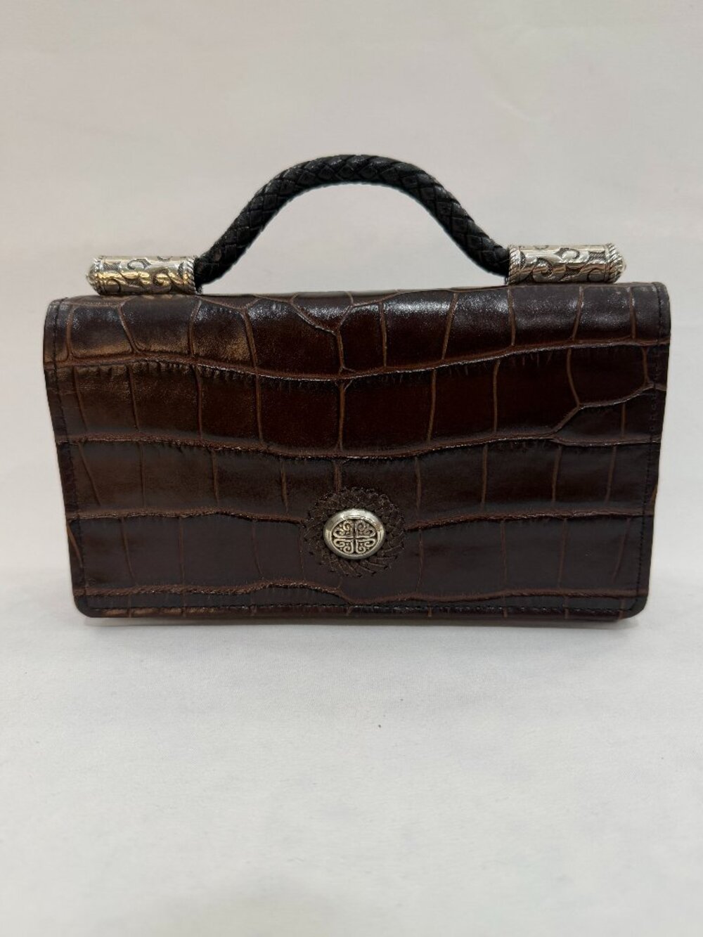 New Brighton Wallet with Detachable Crossbody Strap. Brown Croc Embossed Leather